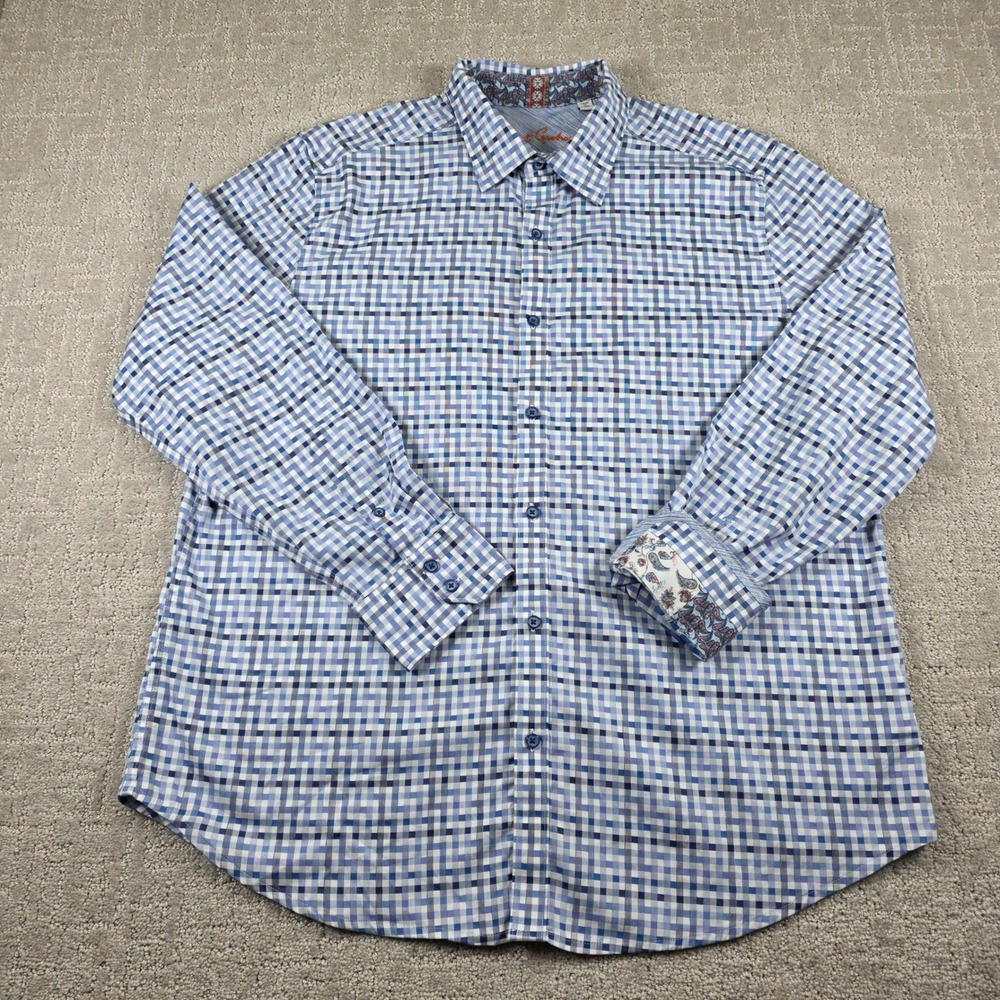 Robert Graham Mens 2XL Classic Fit Blue Geo Check Button Down Shirt Flip Cuff